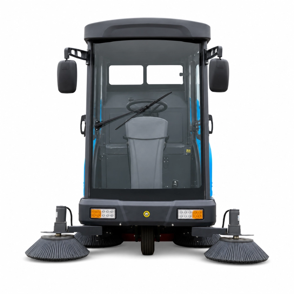 ZY-H60 fully enclosed cabin ride on road sweeper front straight view, battery industrial street sweeping machine with four side brushes for park community school gas station outdoor cleaning, commercial sanitation equipment for Europe South America Southeast Asia market