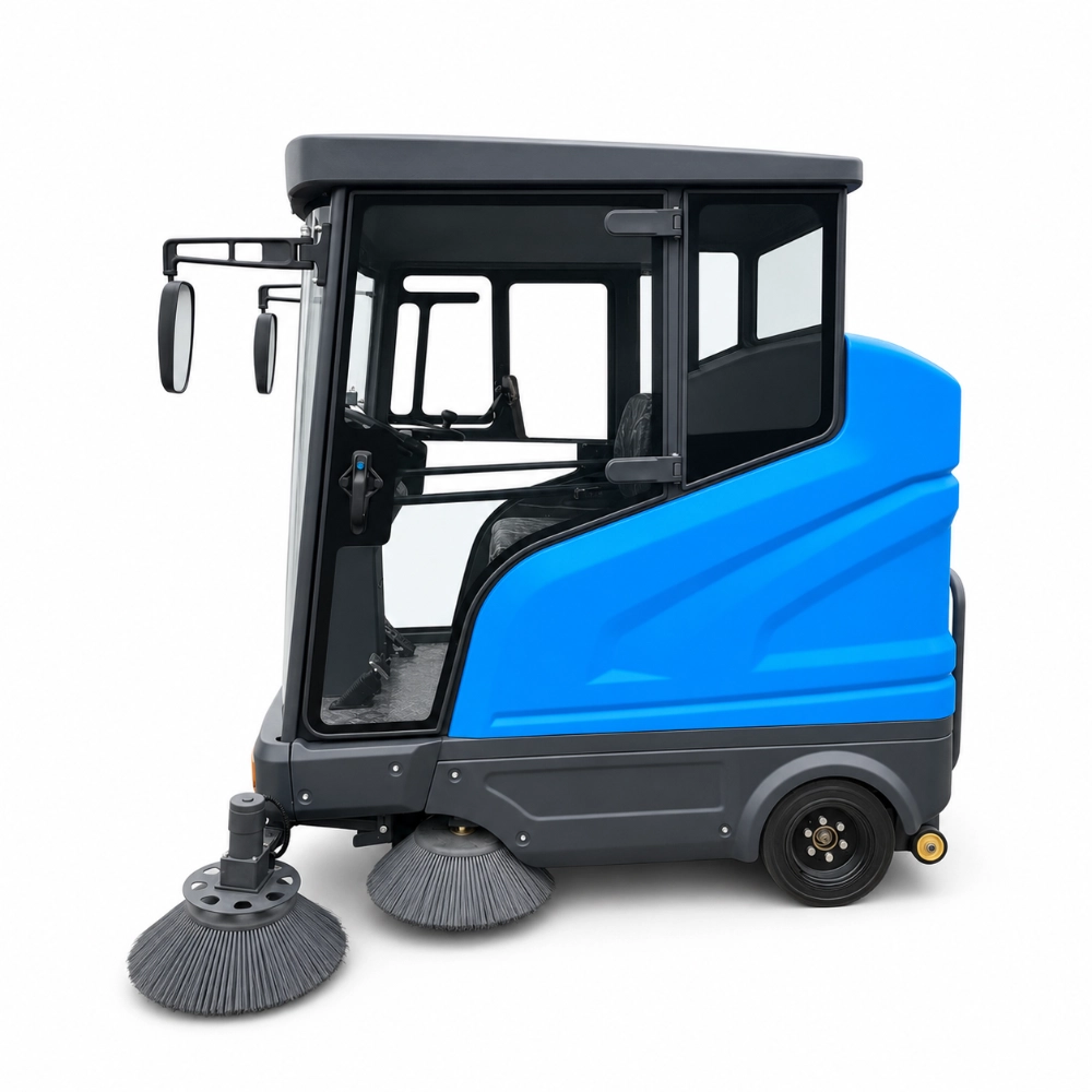 ZY-H60 fully enclosed cabin ride on road sweeper left side profile view, battery industrial outdoor street sweeping machine with front side brushes for property park school gas station cleaning, commercial sanitation equipment for Europe South America Southeast Asia market