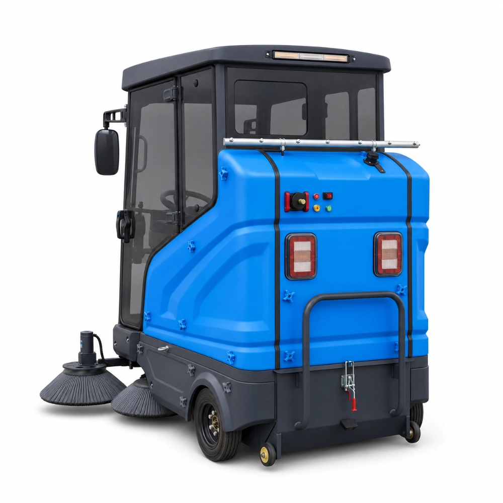 ZY-H60 fully enclosed ride on road sweeper rear side view with rear control panel and tail lights, battery powered industrial outdoor street sweeping machine with side brushes for park community school gas station cleaning, commercial sanitation equipment for Europe South America Southeast Asia