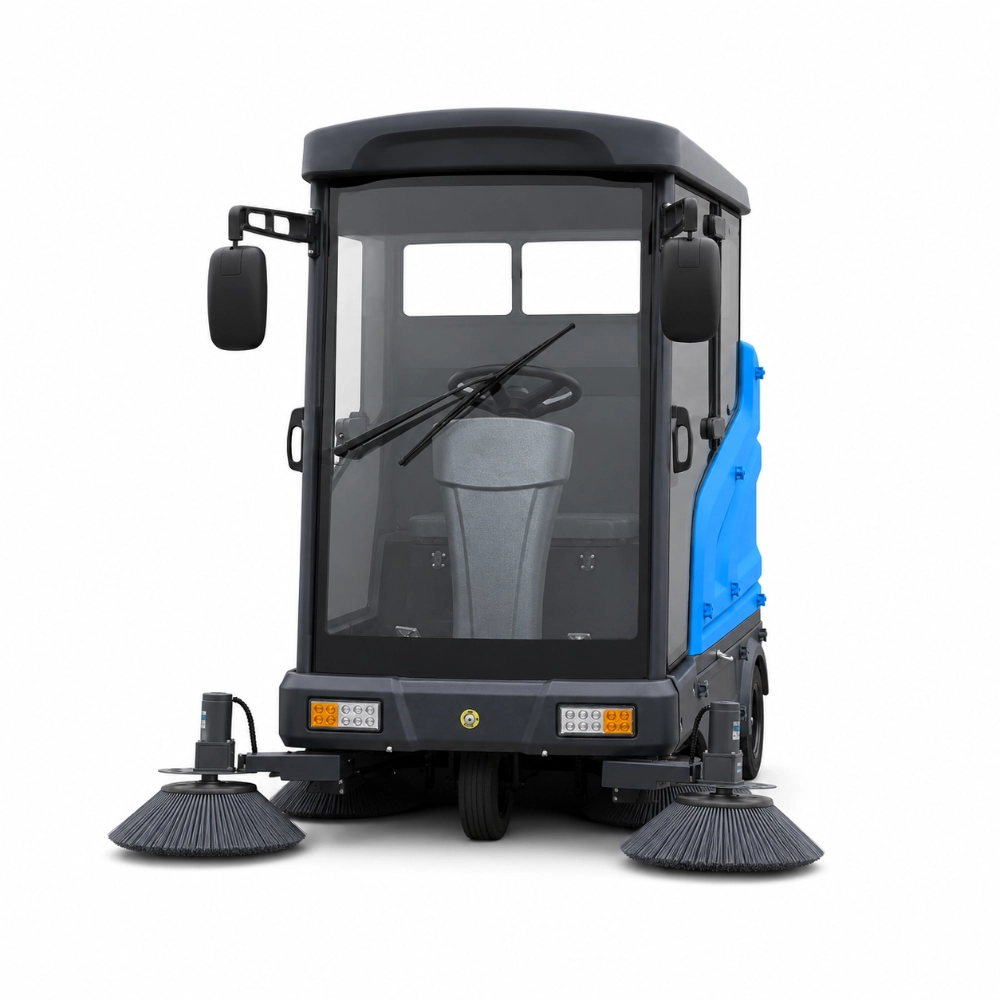 ZY-H60 fully enclosed cabin ride on street sweeper front right oblique view with four side sweeping brushes and front LED headlights, battery industrial outdoor road sweeping machine for property park school gas station commercial sanitation cleaning