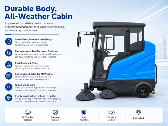 ZY-H60 fully enclosed ride-on road sweeper with durable body and all-weather closed cabin structural feature introduction