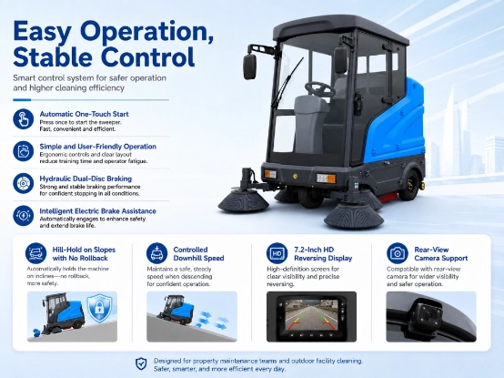 ZY-H60 full enclosed ride-on sweeper easy stable operation, reliable brake system and rear view camera safety feature introduction