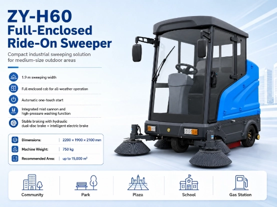 ZY-H60 fully enclosed ride-on road sweeper infographic, main features, specifications and outdoor cleaning application introduction for property sanitation