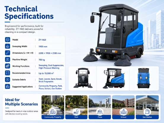 ZY-H60 fully enclosed ride-on road sweeper technical specifications chart, battery street sweeper parameter sheet and multi-scene application display for commercial sanitation