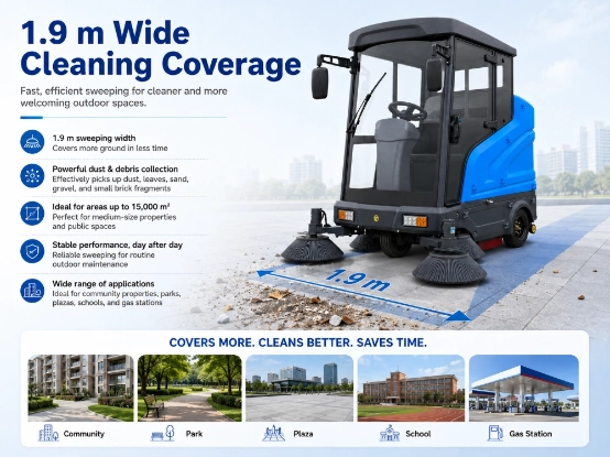ZY-H60 fully enclosed ride-on road sweeper with 1900mm wide sweeping width, industrial battery street sweeper performance and application poster for park community school sanitation