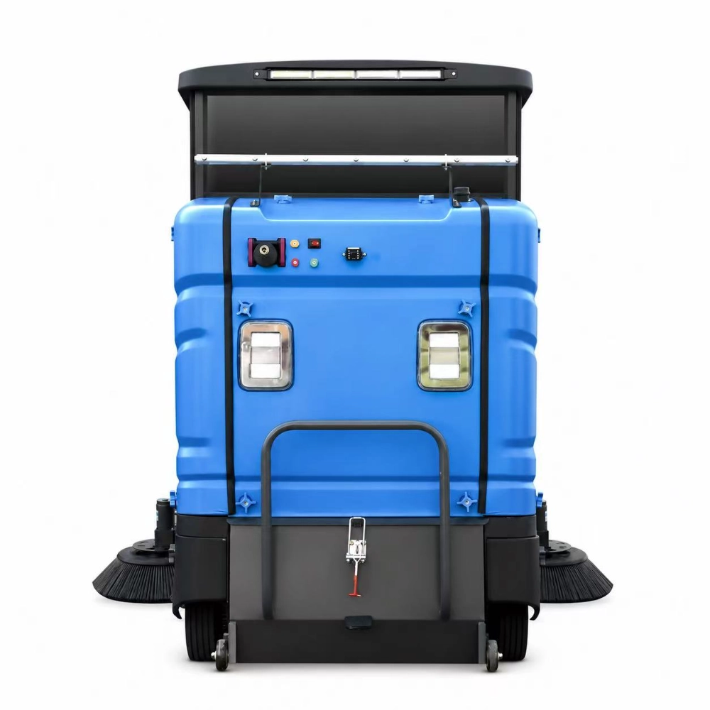 ZY-H80 fully enclosed cabin ride on road sweeper rear straight view with rear control panel, tail lights and high-pressure water spray rack, 2.3m industrial outdoor street sweeping machine for large area cleaning, commercial sanitation equipment for Europe South America Southeast Asia