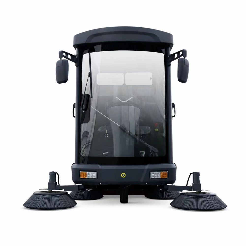 ZY-H80 fully enclosed cabin ride on road sweeper front straight view, 2.3m industrial outdoor street sweeping machine with four side brushes for large area cleaning, commercial sanitation equipment for Europe South America Southeast Asia