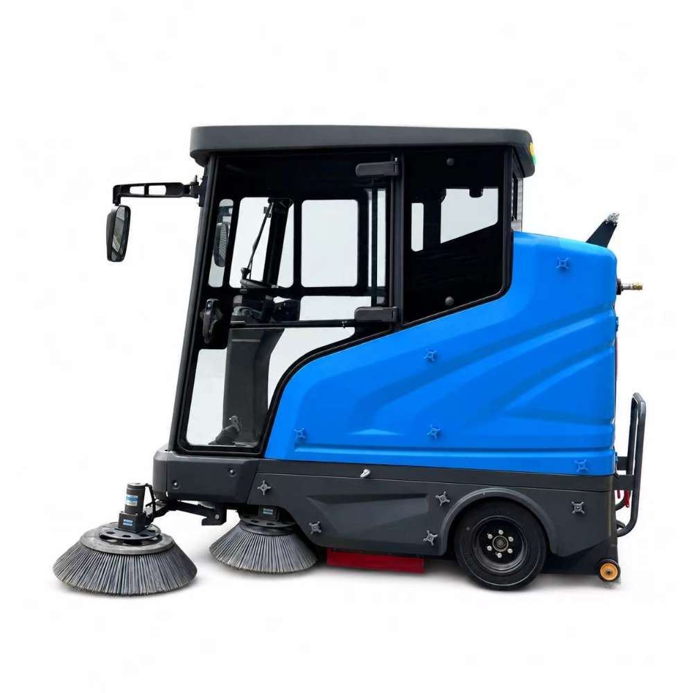 ZY-H80 fully enclosed cabin ride on road sweeper left side profile view, 2.3m industrial outdoor street sweeping machine with all-weather cab, commercial sanitation equipment for Europe South America Southeast Asia