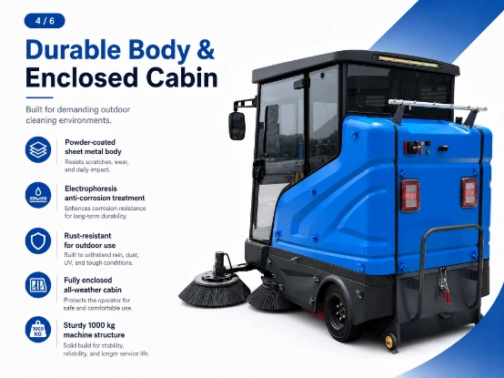 Zoyon ZY-H80 fully enclosed ride-on road sweeper durable metal body and fully sealed enclosed cabin infographic, heavy duty industrial sanitation sweeping machine