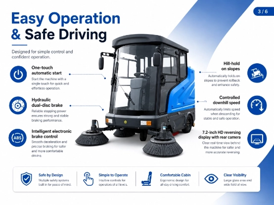Zoyon ZY-H80 fully enclosed ride-on road sweeper easy operation and safe driving feature infographic, multifunctional industrial sanitation sweeping vehicle with stable safety control system