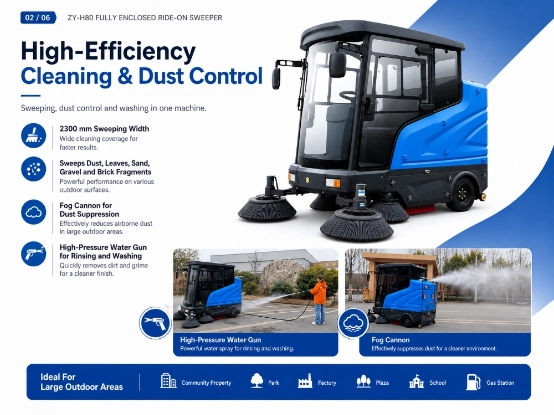 Zoyon ZY-H80 fully enclosed ride-on road sweeper high efficiency cleaning and dust control system introduction infographic, industrial street sweeping machine with dust suppression function