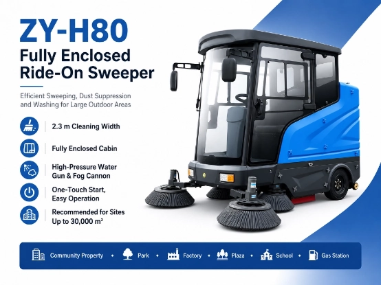 Zoyon ZY-H80 fully enclosed ride-on road sweeper main features and specification infographic, industrial municipal outdoor cleaning sweeping machine