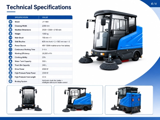 Zoyon ZY-H80 fully enclosed ride-on road sweeper complete technical specification parameter chart, industrial electric street sweeper detailed performance data sheet infographic
