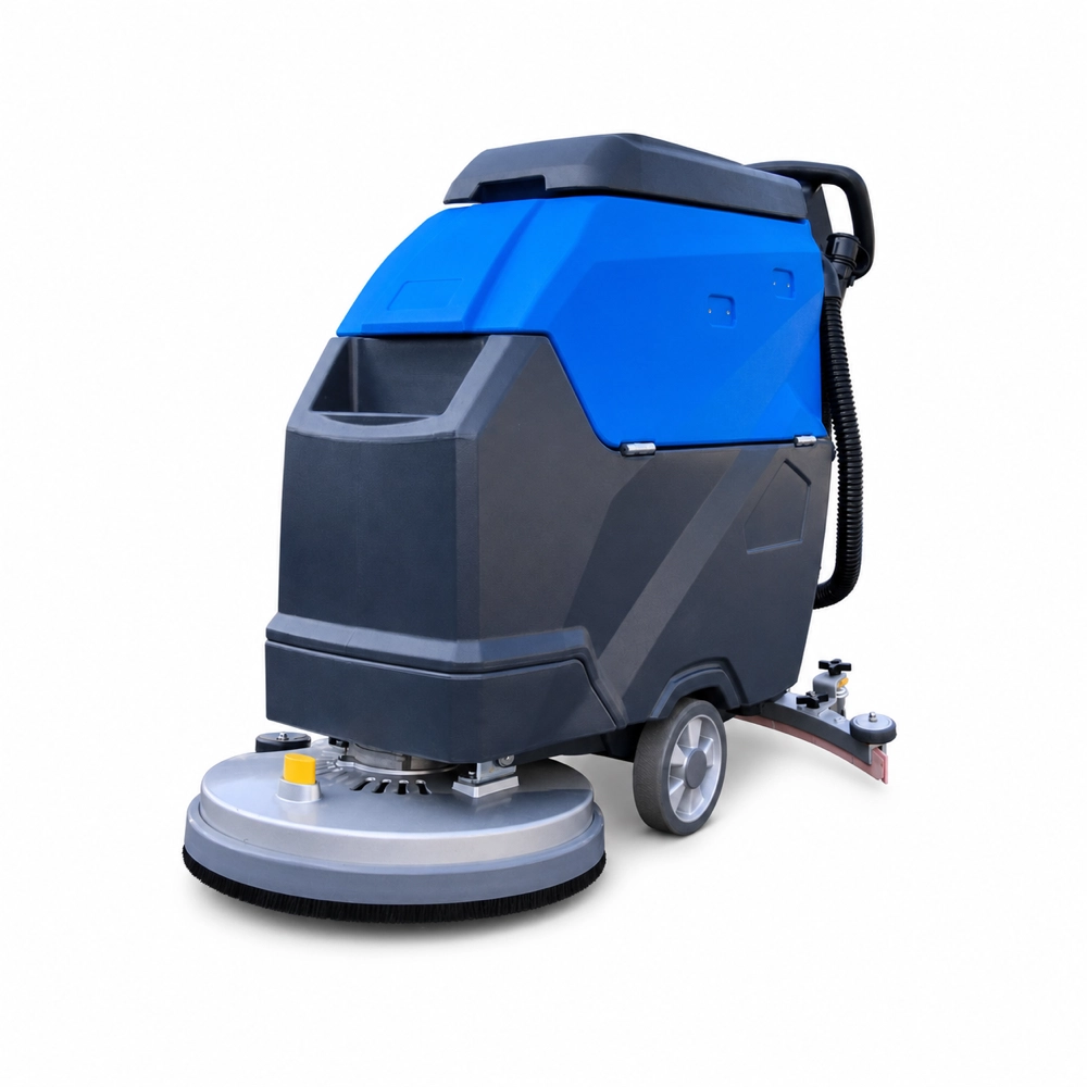 ZY-560 walk behind floor scrubber carousel image 2, rear side view battery powered commercial floor washer, compact manual floor cleaning machine for factory supermarket hotel warehouse