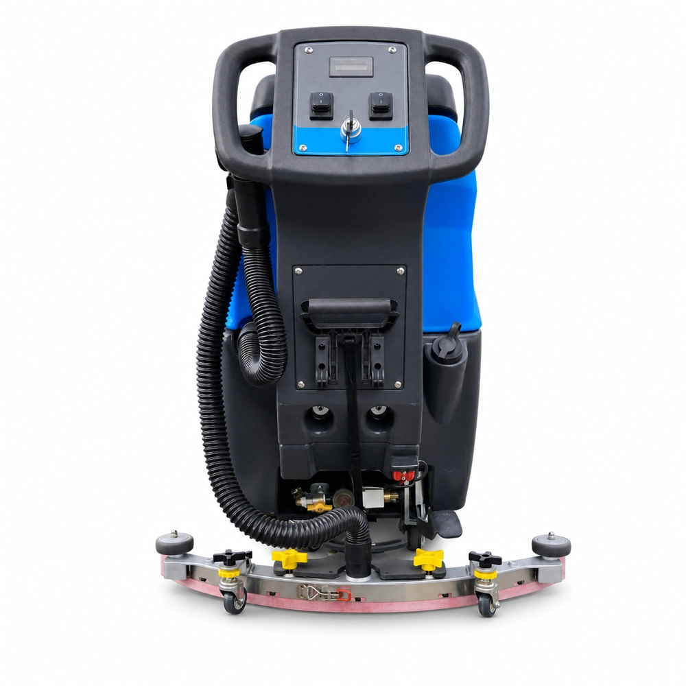 ZY-560 walk behind floor scrubber carousel image 3, rear view with control panel and adjustable squeegee assembly, battery commercial floor cleaning machine for supermarket factory hotel warehouse