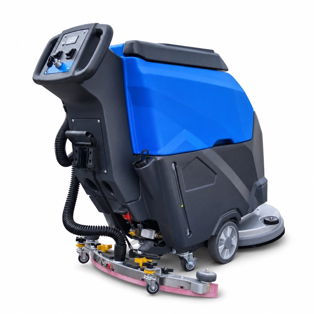 ZY-560 walk behind floor scrubber carousel image 4, oblique side view with control panel and adjustable squeegee, battery powered commercial floor washer for factory supermarket hotel school warehouse