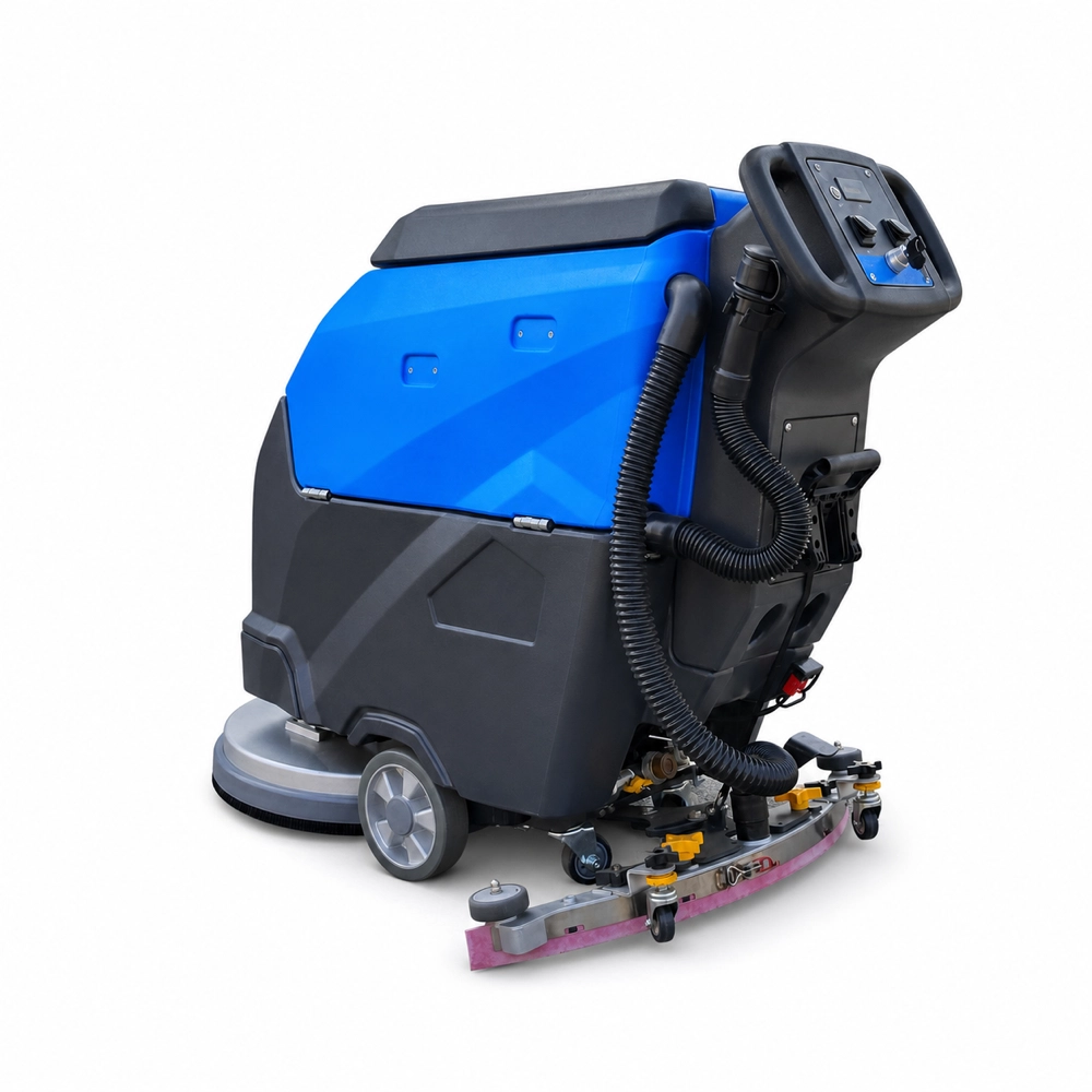 ZY-560 walk behind floor scrubber carousel image 5, back oblique full view with control handle and adjustable squeegee, battery commercial floor cleaning machine for supermarket, factory, hotel, warehouse