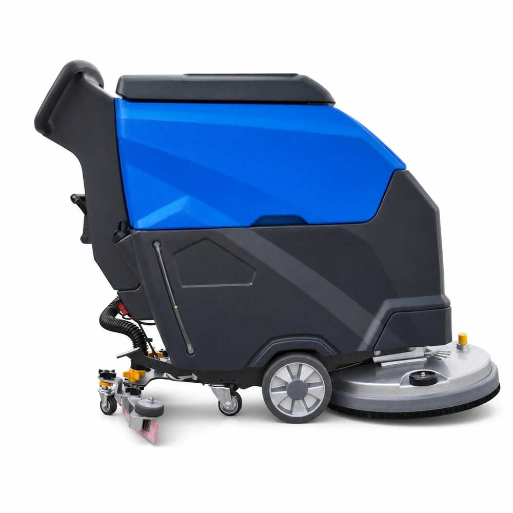 ZY-560 walk behind floor scrubber carousel image 6, left side full view battery powered commercial floor washer, compact manual floor cleaning machine for factory supermarket hotel warehouse school