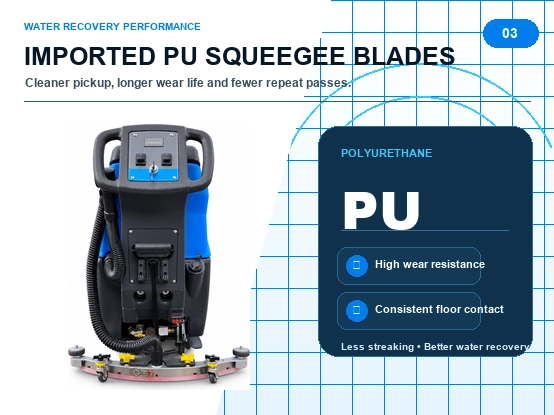 ZY-560 walk behind floor scrubber detail image 03, imported PU polyurethane squeegee blades with high wear resistance, excellent water recovery performance for commercial floor cleaning equipment