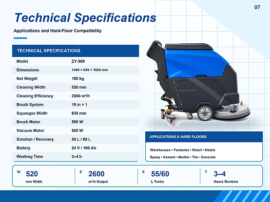 ZY-560 walk behind floor scrubber detail image 06, complete technical specifications parameter chart, industrial commercial floor washing machine performance data and applicable scenarios