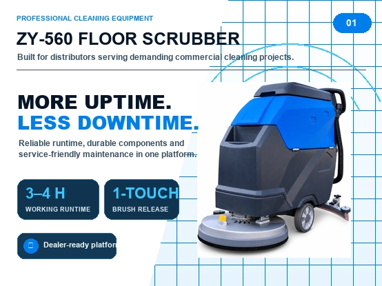 ZY-560 walk behind floor scrubber main detail picture 01, professional commercial floor cleaning equipment with 3-4 hours working runtime, one-touch brush release design for factory hotel warehouse hard floor cleaning