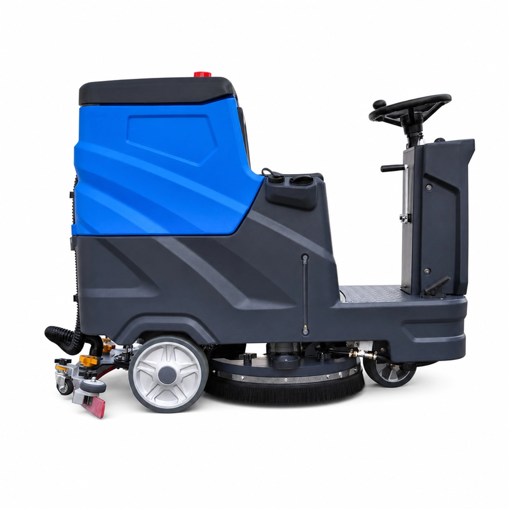 ZY-700 ride on floor scrubber carousel image 04 full side profile view, battery rideable single brush floor washing machine for factory warehouse supermarket hotel hard floor cleaning equipment