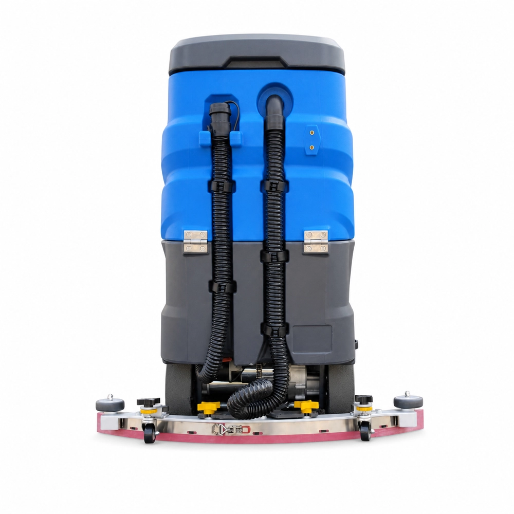 ZY-700 ride on floor scrubber carousel image 06 bottom rear view, showing water pipeline, recovery squeegee and tank structure, battery ride-on commercial floor washing machine for factory warehouse supermarket hard floor cleaning