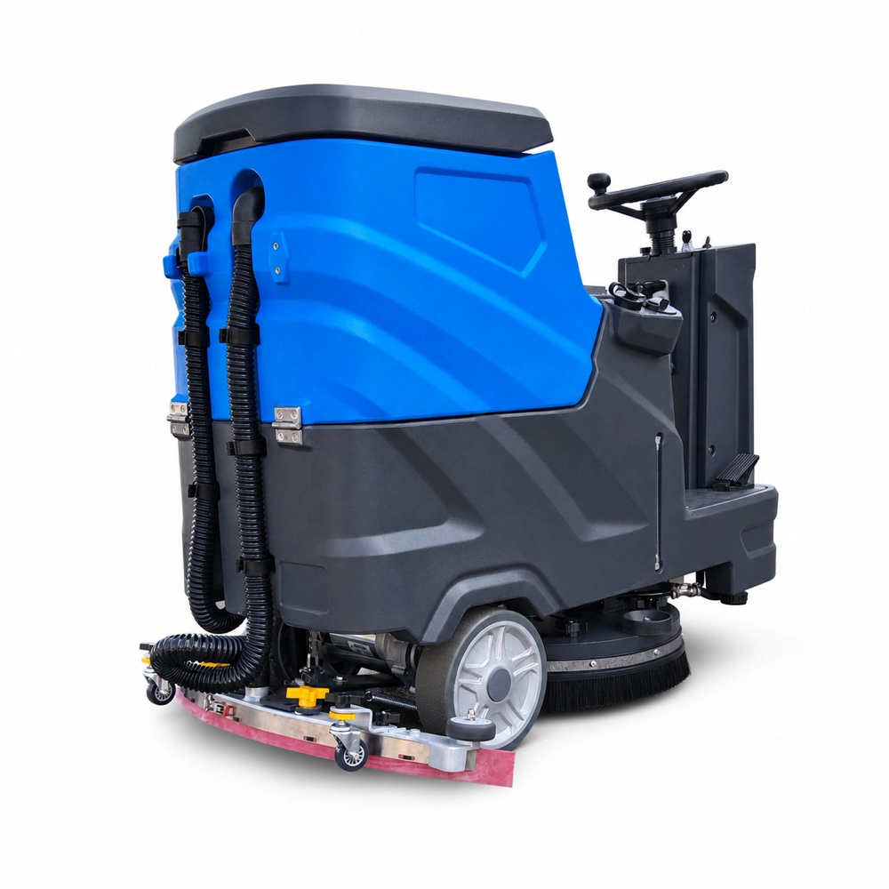 ZY-700 ride on floor scrubber carousel image 05 rear side view, display water tank, pipeline and rubber squeegee structure, battery industrial rideable floor washer for factory warehouse hotel hard floor cleaning