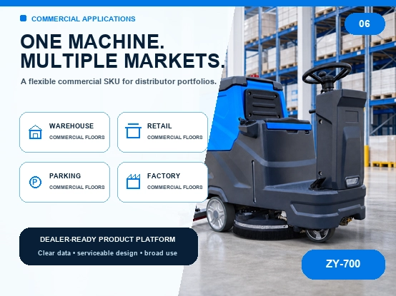 ZY-700 ride-on floor scrubber commercial multi-scene application diagram, industrial floor cleaner for warehouse factory retail parking lot cleaning