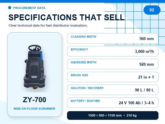 ZY-700 ride-on floor scrubber technical specification chart, commercial floor washer parameter data sheet with cleaning efficiency, tank volume, battery and size weight parameters