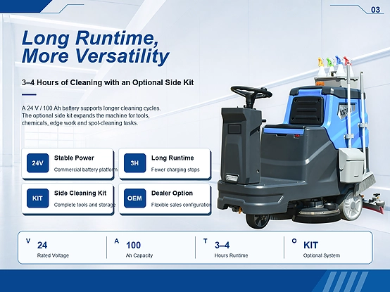 ZY-700S dual brush ride on floor scrubber equipped with 24V 100Ah long-life battery, 3-4 hours continuous runtime, optional side cleaning tool kit for commercial industrial floor cleaning