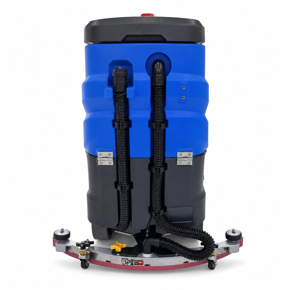 ZY-700S ride-on floor scrubber rear water tank and squeegee close-up view, separated clean and sewage water tank design