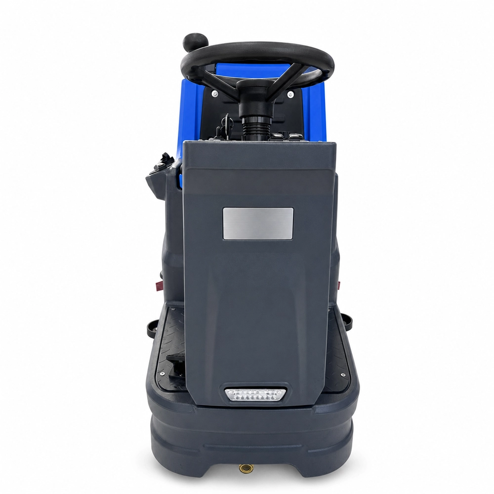ZY-700S ride-on floor scrubber front operation cockpit close-up, ergonomic steering wheel control panel with LED working light