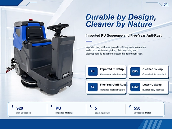 ZY-700S dual brush ride on floor scrubber with 920mm imported PU squeegee strip, 550W vacuum motor, 5-year anti-rust metal frame for durable commercial floor cleaning