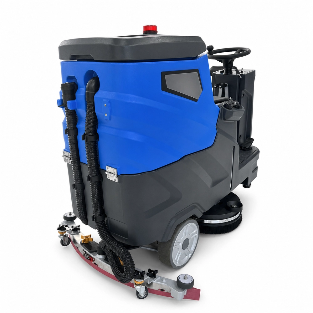 ZY-700S ride floor scrubber rear back angle view, thickened rubber squeegee and anti-blocking sewage pipeline system