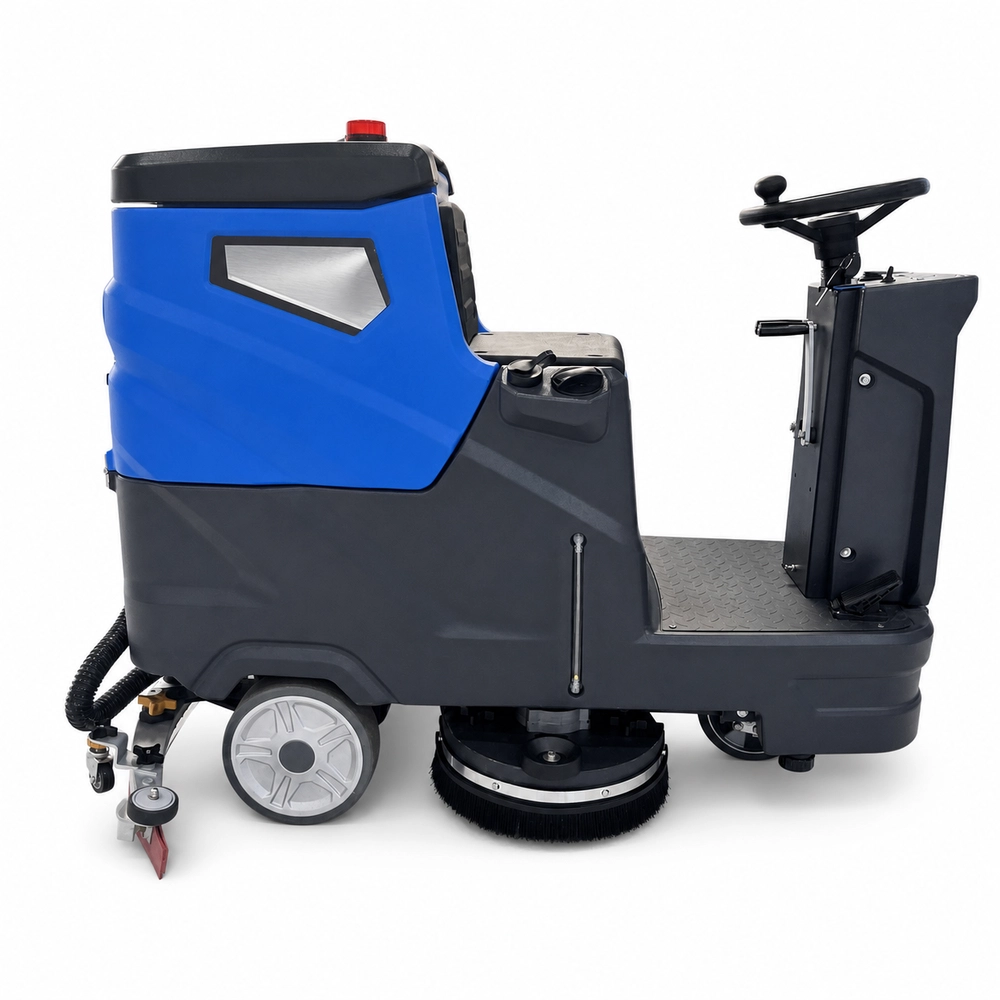 ZY-700S ride-on floor scrubber right side full profile view, dual brush cleaning system and rear water suction squeegee structure