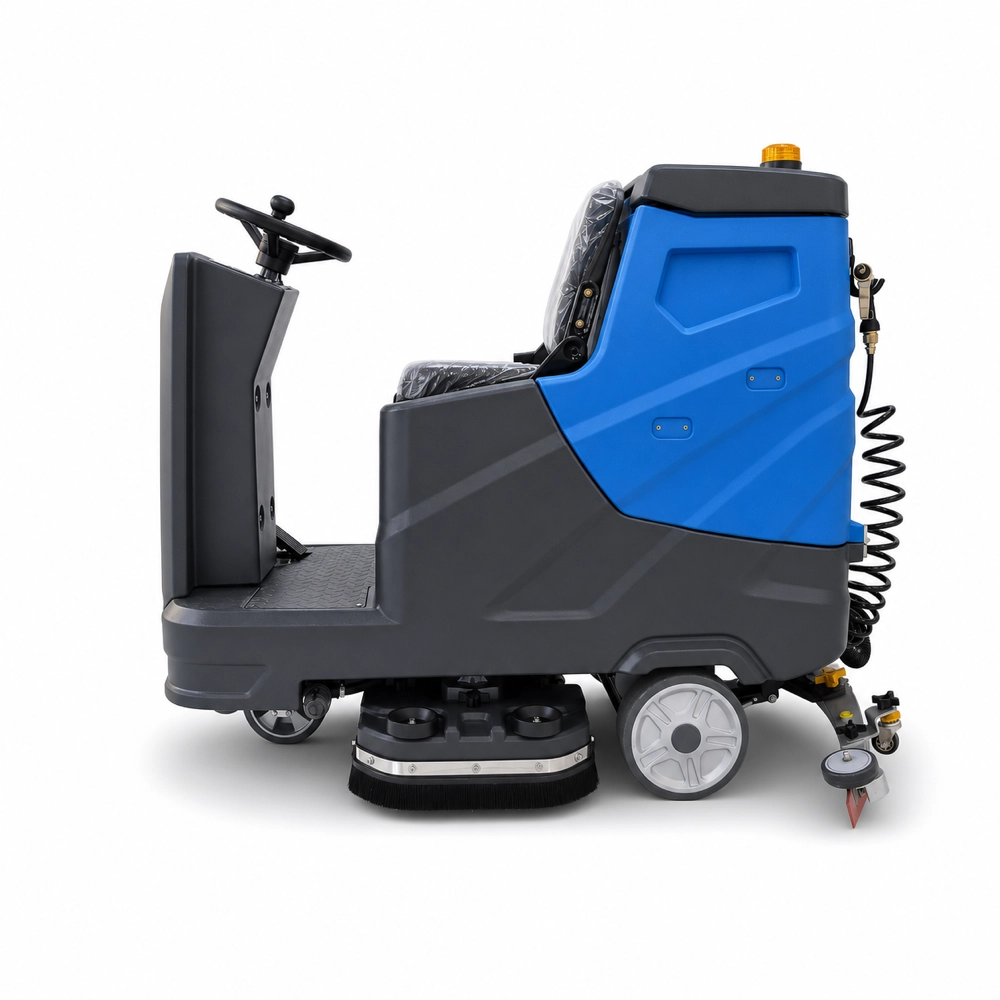 ZY-800 dual brush ride-on floor scrubber left side full view carousel picture, large water tank, dual brush cleaning system industrial floor washer for factory warehouse mall, export to Europe, Southeast Asia and South America