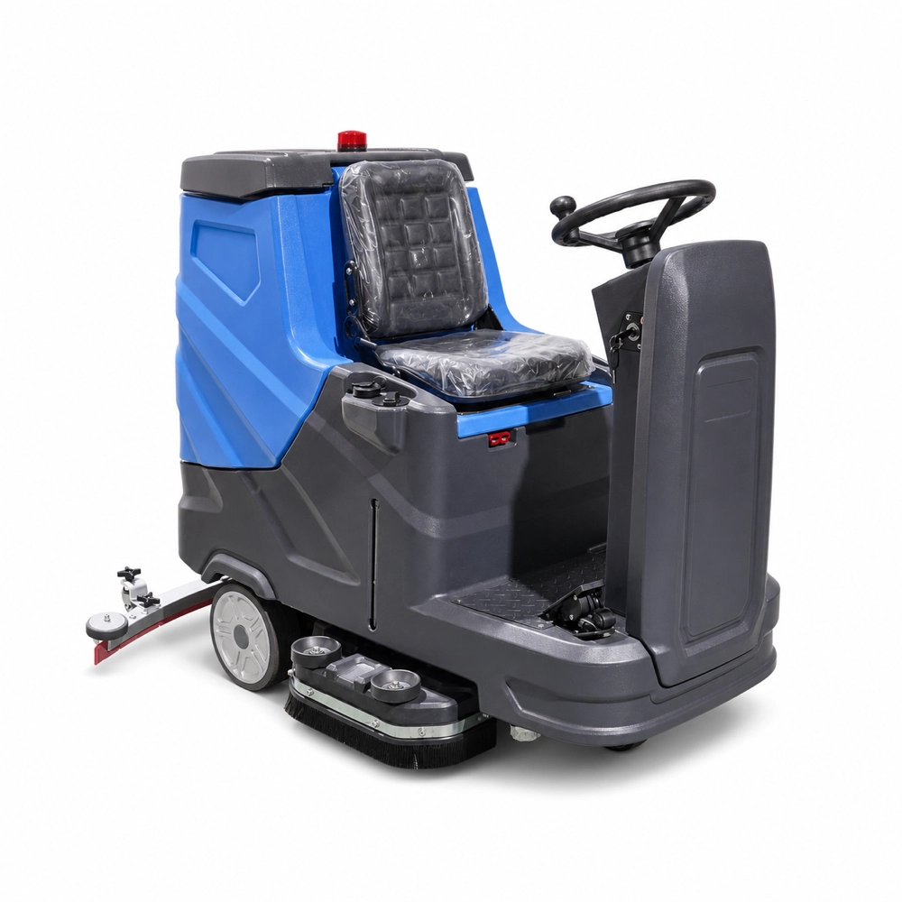 ZY-800 dual brush ride-on floor scrubber oblique side view carousel image, ergonomic driving seat & dual brush cleaning system, battery industrial floor washer for factory warehouse mall, suitable for Europe Southeast Asia South America cleaning market