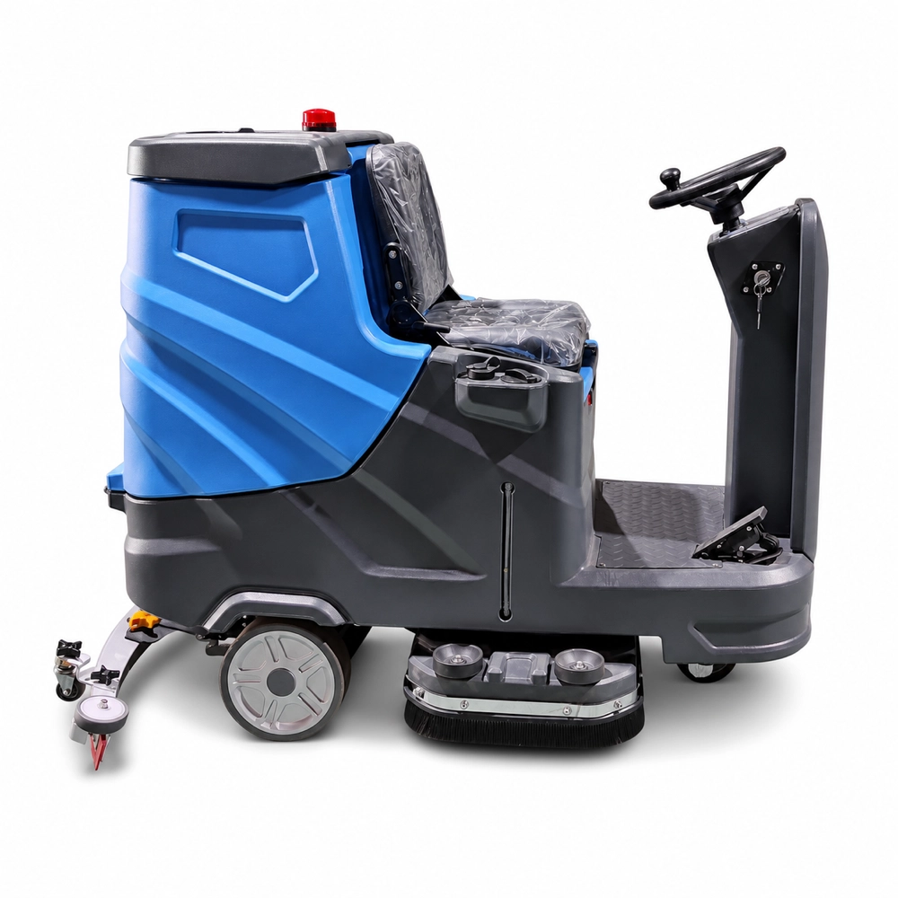 ZY-800 dual brush ride-on floor scrubber other side full view carousel image, large capacity water tank, dual brush cleaning system commercial floor washer for factory warehouse mall, exported to Europe, Southeast Asia and South America