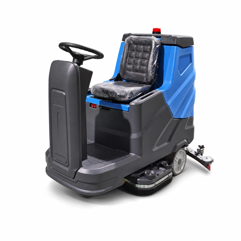 ZY-800 dual brush ride-on floor scrubber side view carousel image, battery industrial floor washer with comfortable seat, high efficiency commercial floor cleaning machine for factory warehouse mall, export to Europe, Southeast Asia, South America