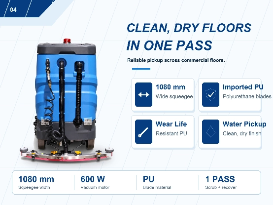 ZY-800 ride on floor scrubber 1080mm wide PU squeegee assembly with 600W vacuum motor, one pass scrub and dry commercial floor cleaning machine, wear-resistant polyurethane water suction blade for industrial hard floor