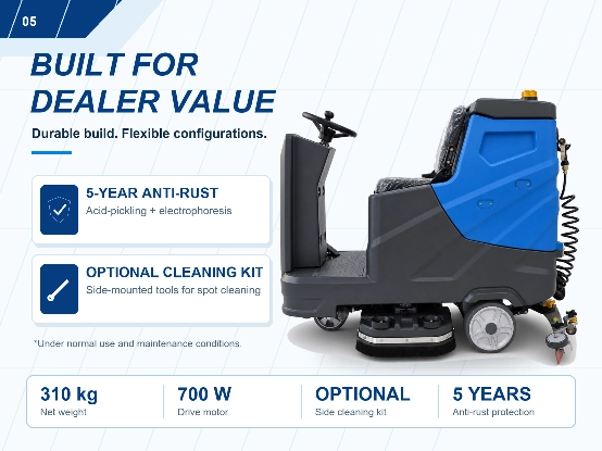 ZY-800 ride on floor scrubber with 5-year anti-rust electrophoretic frame, optional side spot cleaning kit, 700W drive motor heavy duty industrial floor washer for commercial wholesale dealers