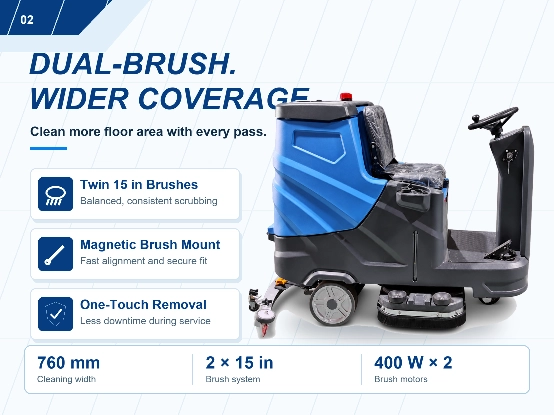 ZY-800 ride on floor scrubber dual 15 inch brush system, magnetic quick-release double brush assembly, 760mm wide cleaning width industrial floor washer for commercial factory warehouse cleaning