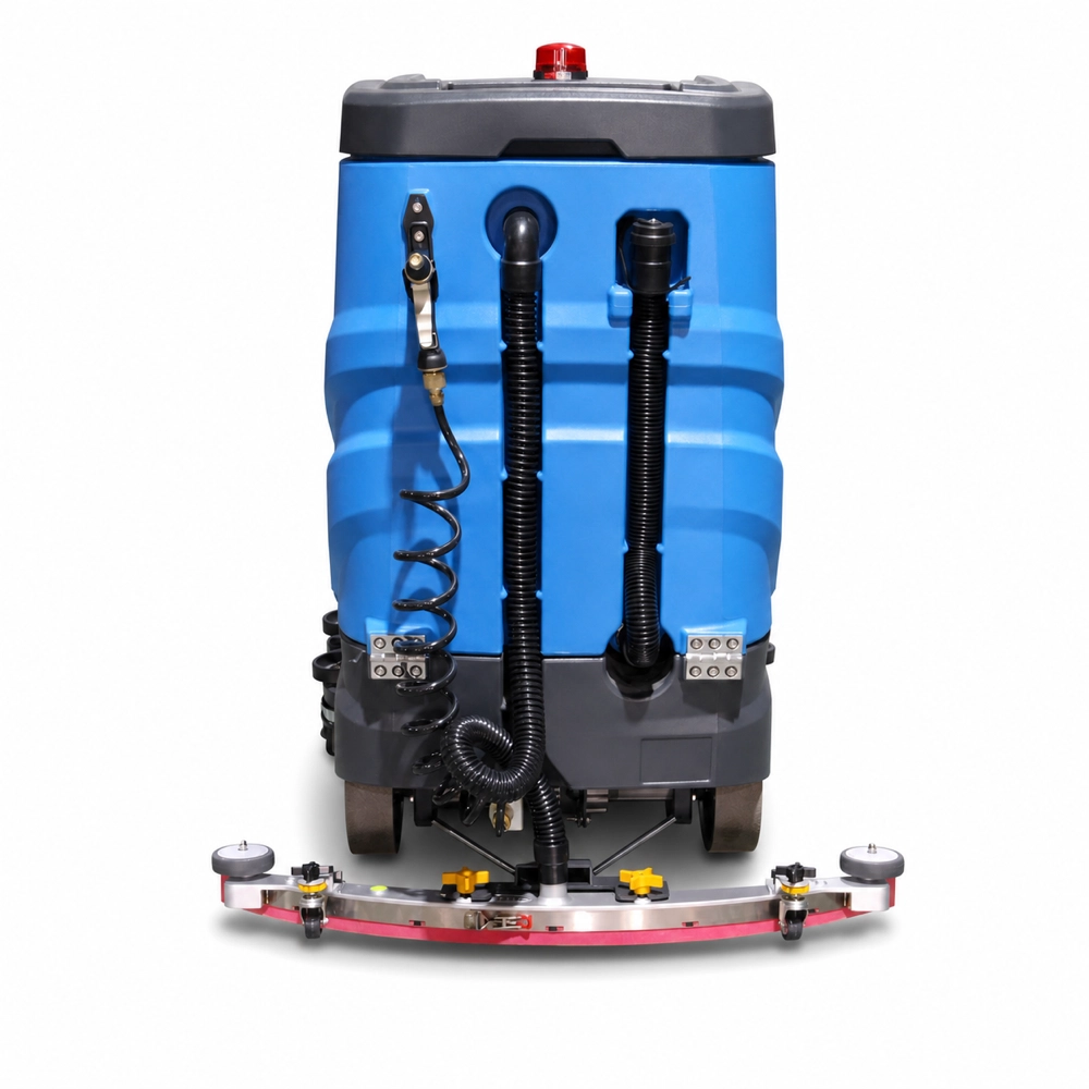 ZY-800 ride-on floor scrubber rear view with water tank and stainless steel squeegee system, industrial battery floor washing machine, commercial hard floor cleaner for Europe, Southeast Asia & South America