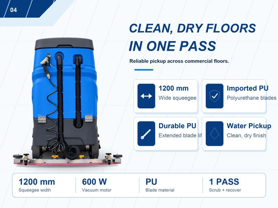 ZY-900 ride-on floor scrubber rear squeegee and 600W vacuum motor system detail image 4, 1200mm wide imported PU squeegee blade, one pass washing and drying integrated cleaning design