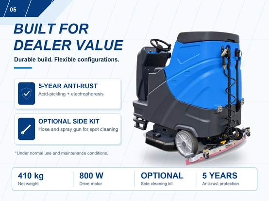ZY-900 ride-on floor scrubber durable anti-rust body, optional side spot cleaning kit and 800W drive motor specification detail image 5, 5-year anti-rust protection, net weight 410kg
