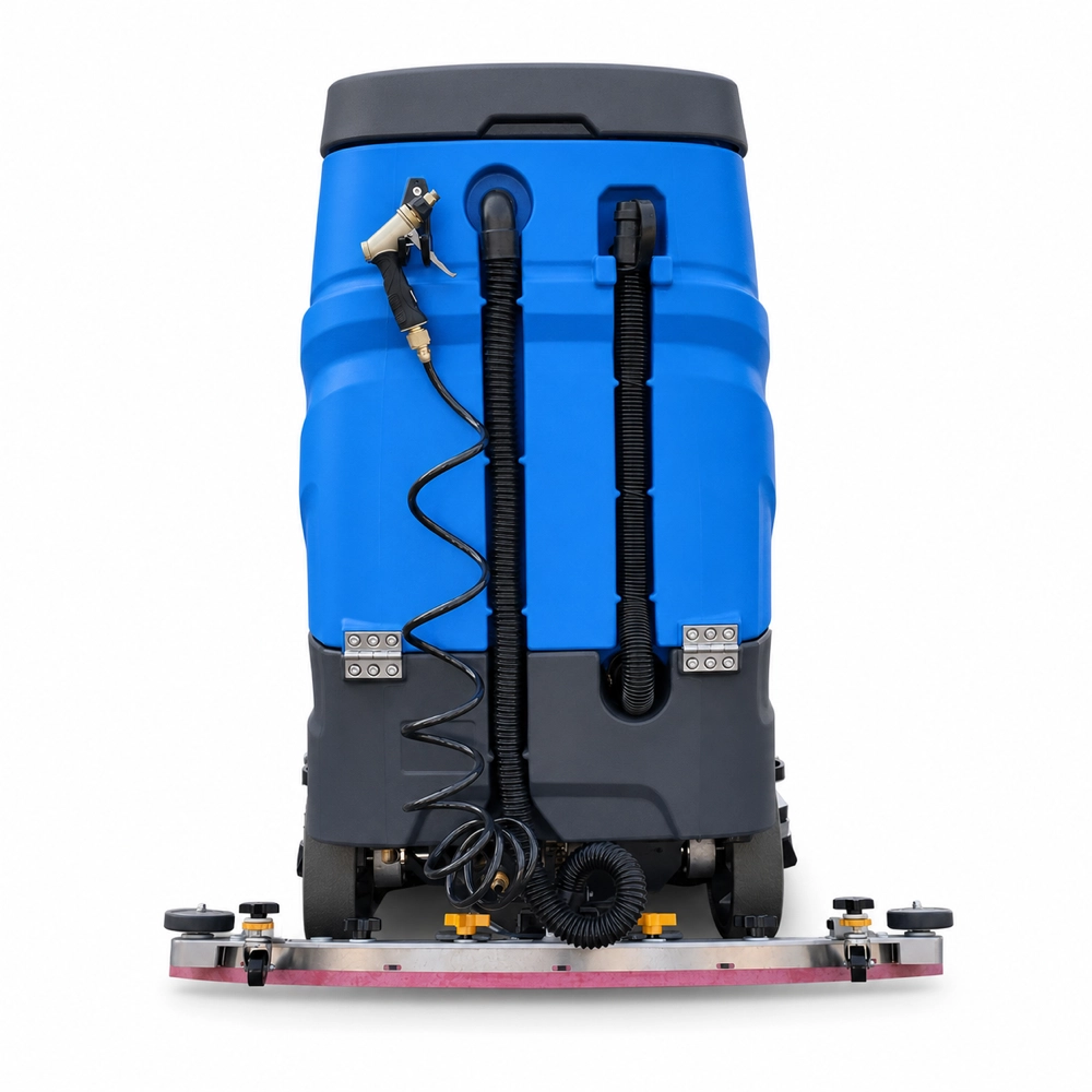 Back close-up of ZY-900 ride-on floor scrubber, large integrated water tank, drain hoses and 1200mm full-width suction squeegee system
