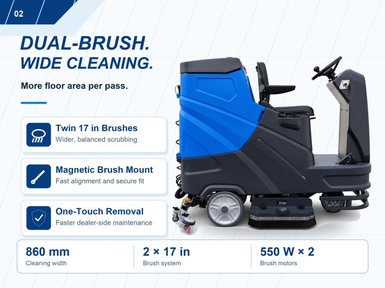 ZY-900 ride-on floor scrubber dual 17 inch brush system display detail image 2, 860mm wide cleaning width with magnetic quick remove brush mount and dual 550W brush motors