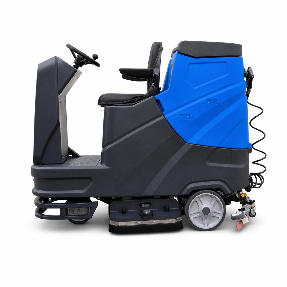 Left side full view of ZY-900 ride-on floor scrubber, ergonomic driving seat, dual brush cleaning base and stable driving chassis for commercial industrial cleaning