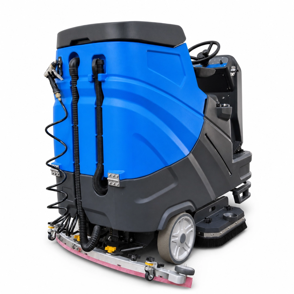Rear view of ZY-900 ride-on floor scrubber, displaying large double water tanks, sewage pipeline and wide rubber water suction squeegee assembly